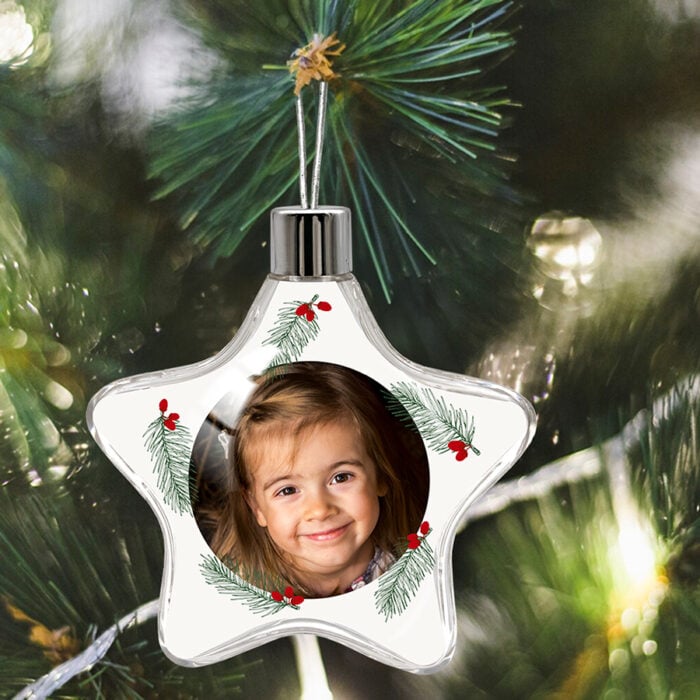 Alternative view of Boule de Noël étoile transparente - Branche de sapin avec photo