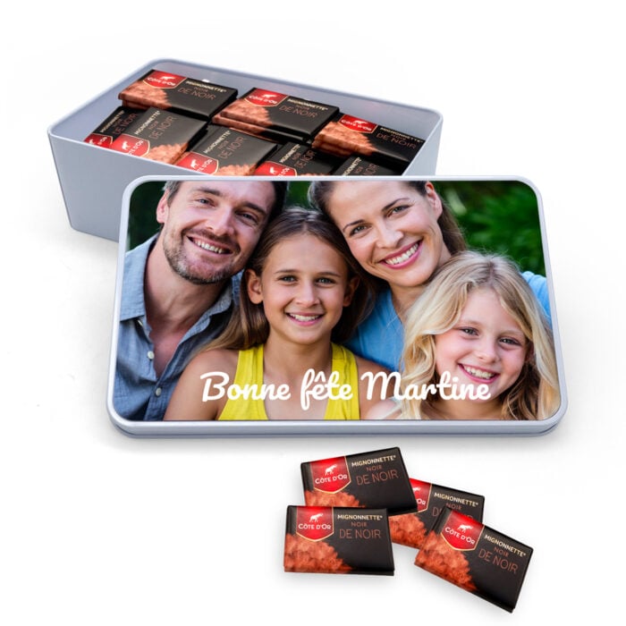 Boîte rectangulaire personnalisée – Photo et texte + chocolats Côte d'Or