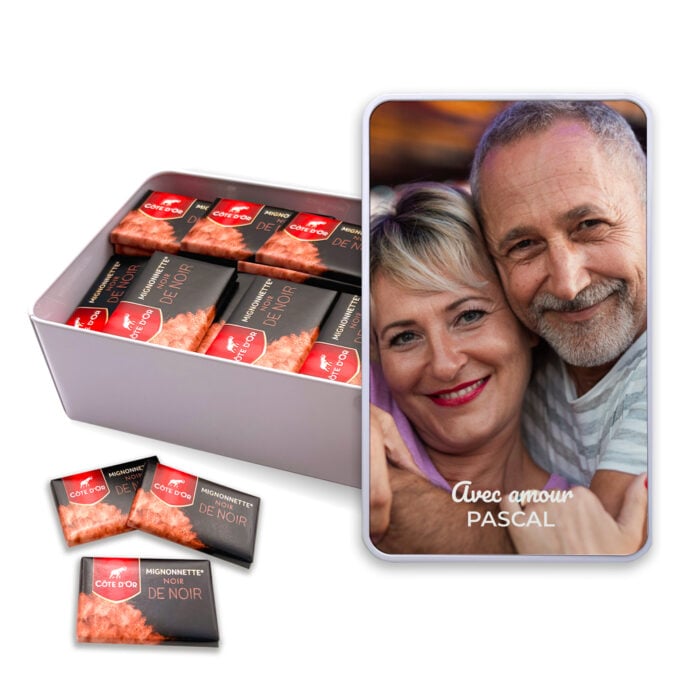 Boîte rectangulaire personnalisée – Photo verticale et texte + chocolats Côte d'Or
