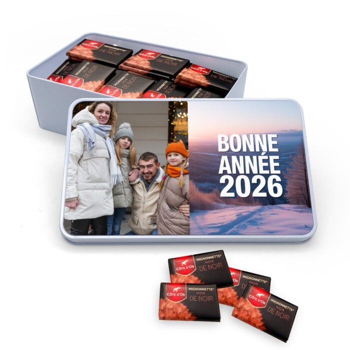 Boîte rectangulaire personnalisée – Bonne année avec photo + chocolats Côte d'Or