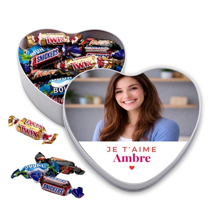 Boîte coeur mini gourmandises – Je t'aime avec photo