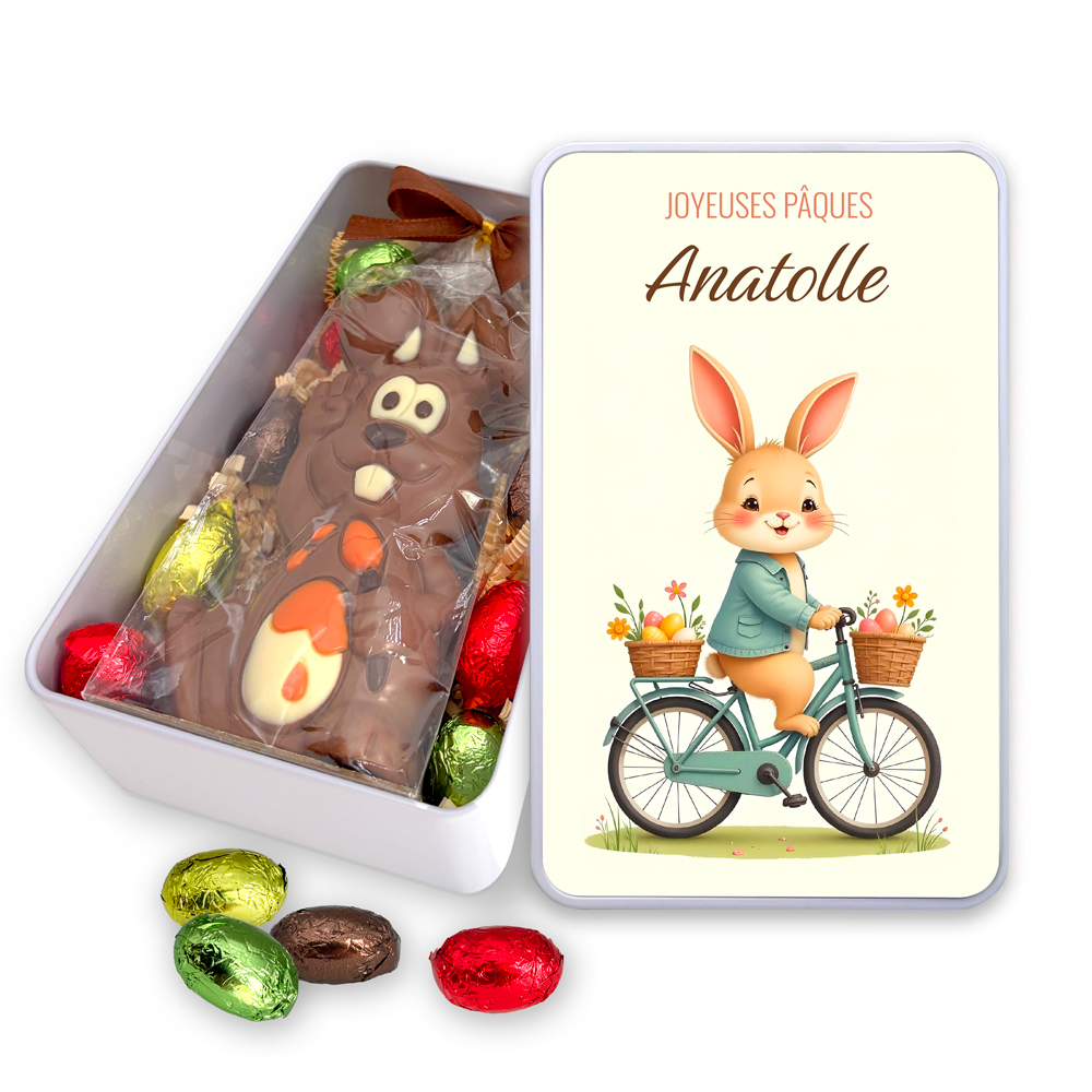 Boîte de Pâques métal rectangulaire - Lapin vélo + Gourmandises – Image 2