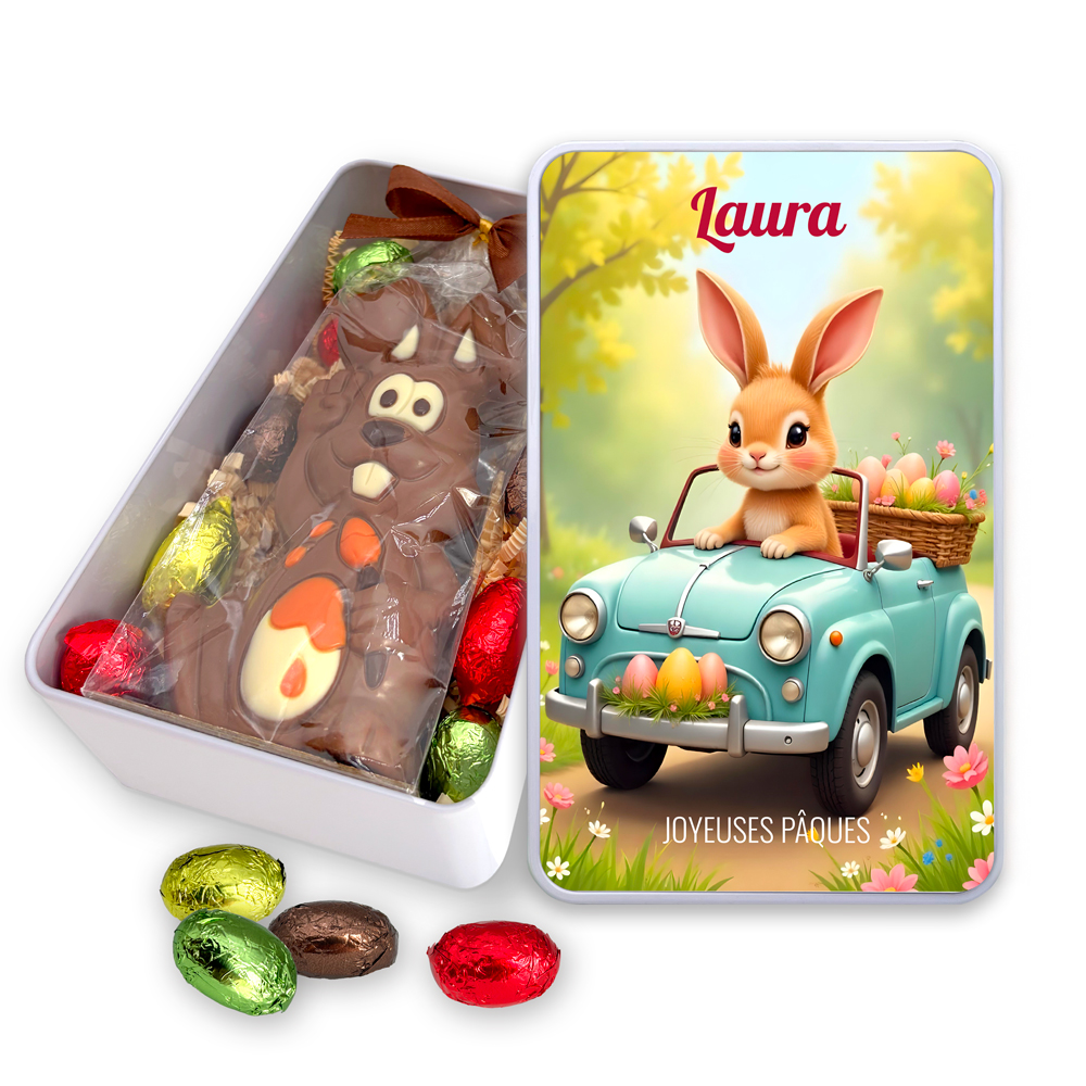 Boîte de Pâques métal rectangulaire - Lapin voiture + Gourmandises – Image 2
