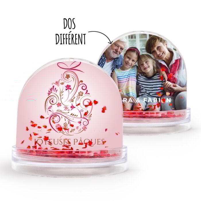 Boule à neige coeurs personnalisable 2 faces - Joyeuses Pâques !