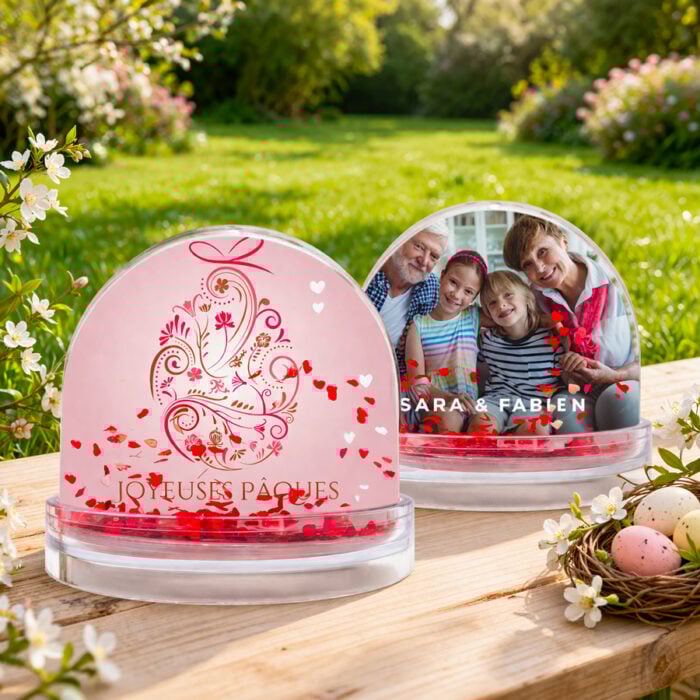 Alternative view of Boule à neige coeurs personnalisable 2 faces - Joyeuses Pâques !