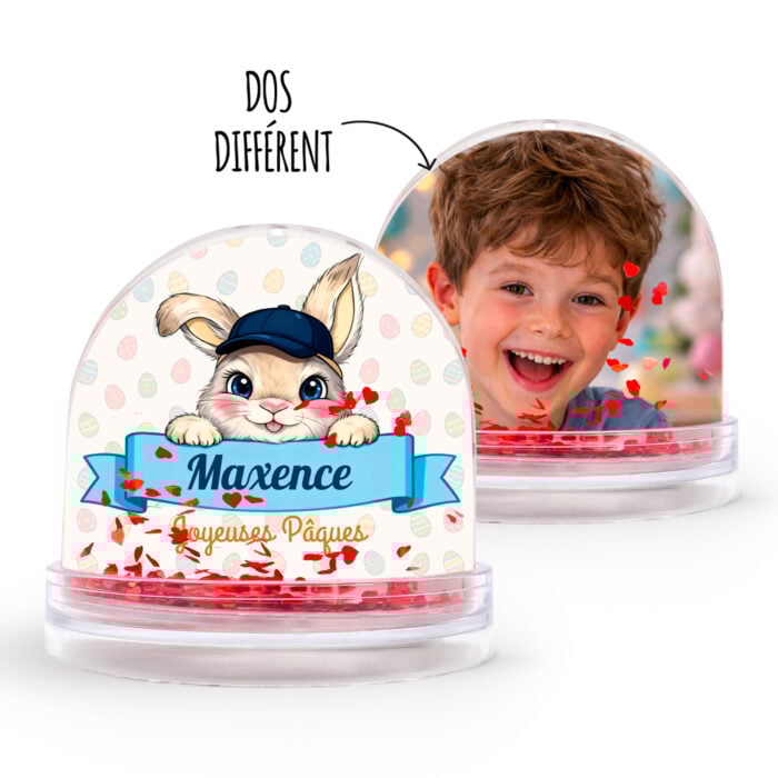 Boule à neige coeurs personnalisable 2 faces - Lapin de Pâques avec photo