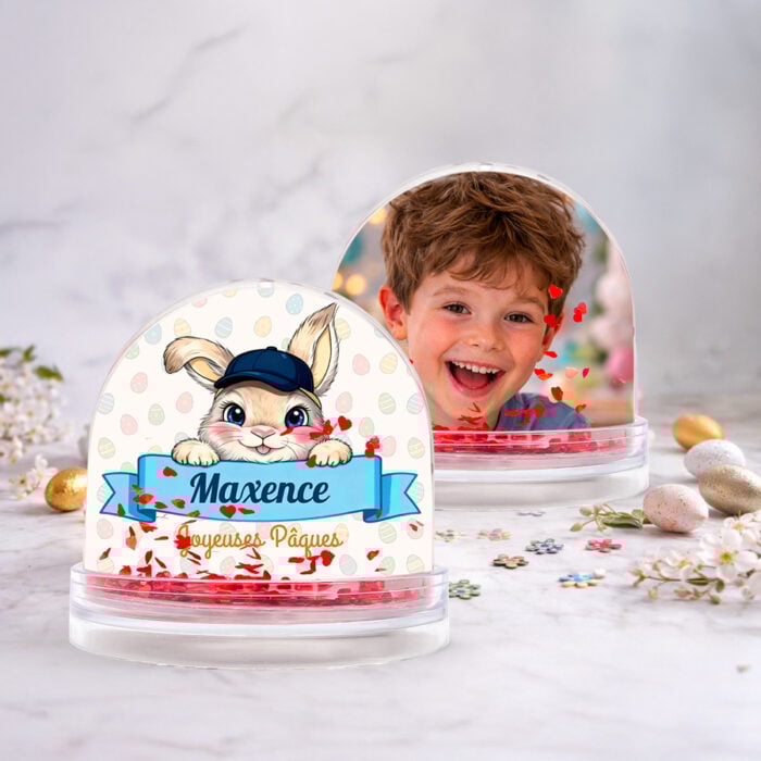 Alternative view of Boule à neige coeurs personnalisable 2 faces - Lapin de Pâques avec photo