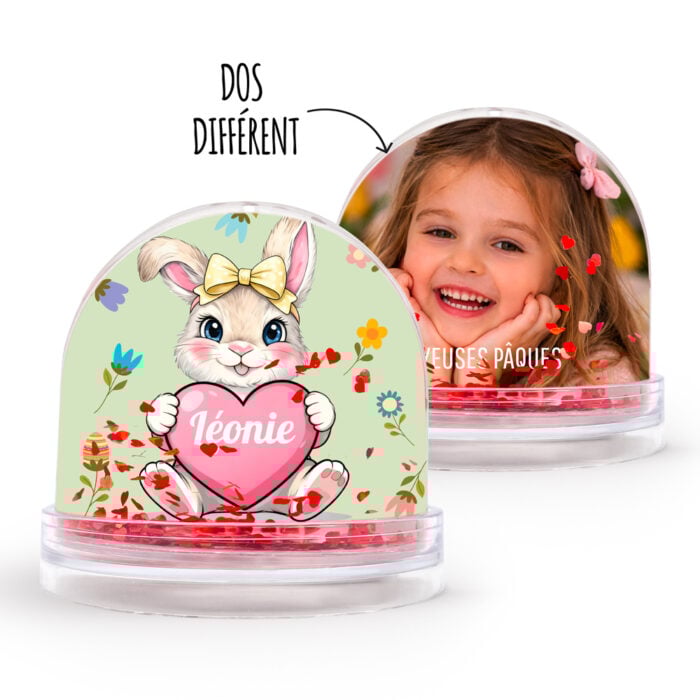 Boule à neige coeurs personnalisable 2 faces - Lapin de Pâques avec prénom et photo