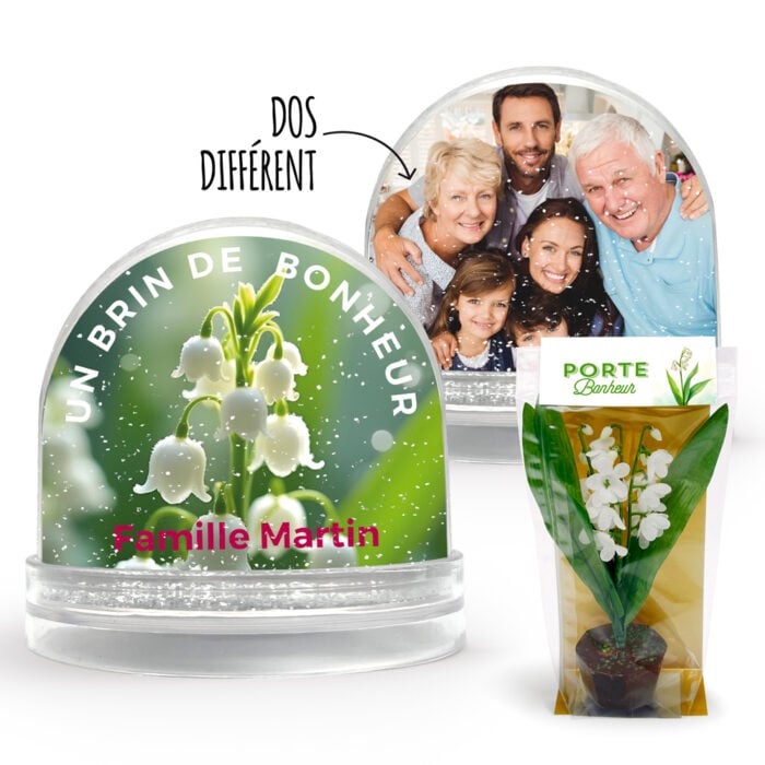 Boule à neige personnalisable 2 faces - Brin de bonheur + Pot de Muguet en chocolat