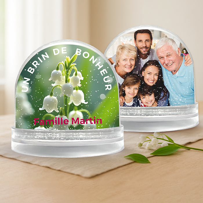 Alternative view of Boule à neige personnalisable 2 faces - Brin de bonheur + Pot de Muguet en chocolat