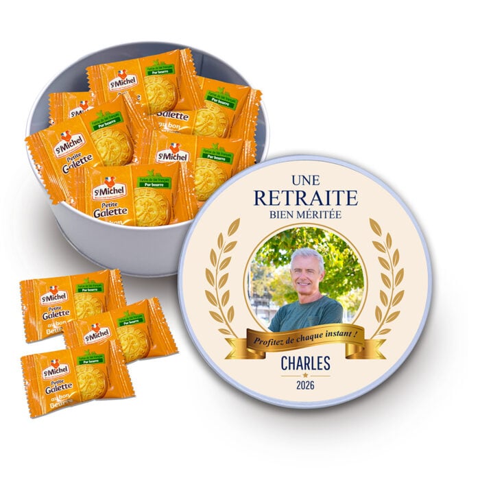 Boîte ronde personnalisée – Bonne retraite + Petite Galette St Michel