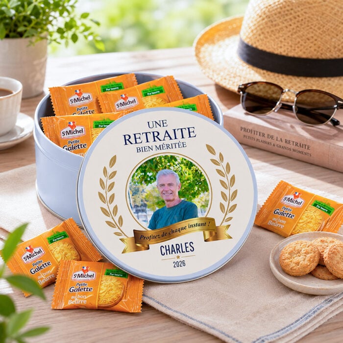 Alternative view of Boîte ronde personnalisée – Bonne retraite + Petite Galette St Michel