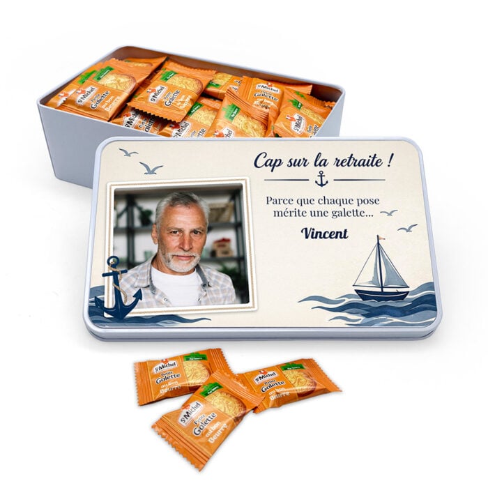 Boîte rectangulaire personnalisée – Cap sur la retraite + Petite Galette St Michel