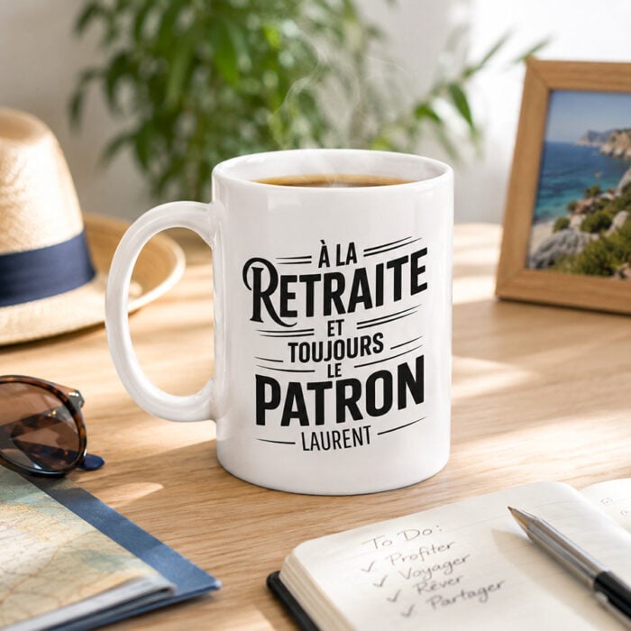 Alternative view of Mug blanc personnalisé - A la retraite et toujours le patron