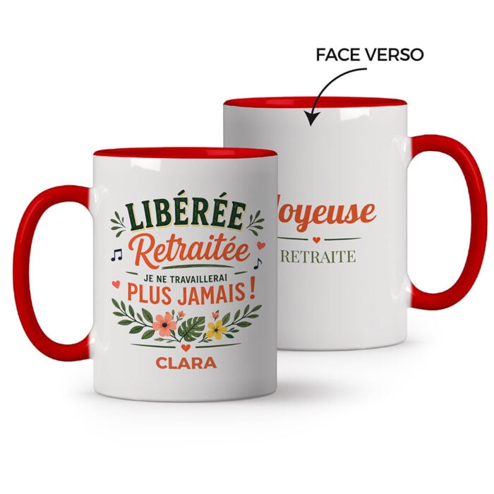 Mug rouge personnalisé - Libérée, retraitée