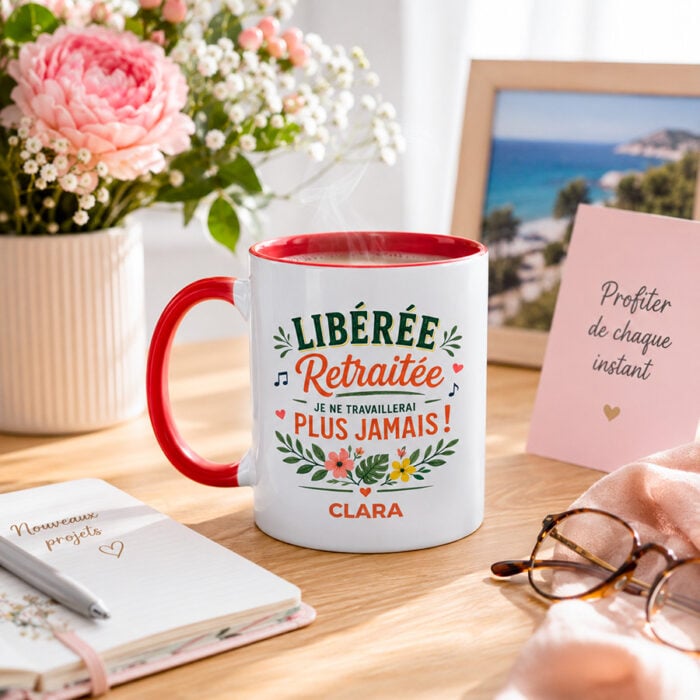 Alternative view of Mug rouge personnalisé - Libérée, retraitée