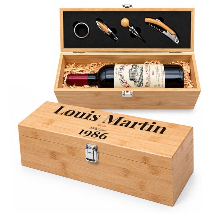 Coffret à vin personnalisé avec accessoires – Millésime avec prénom