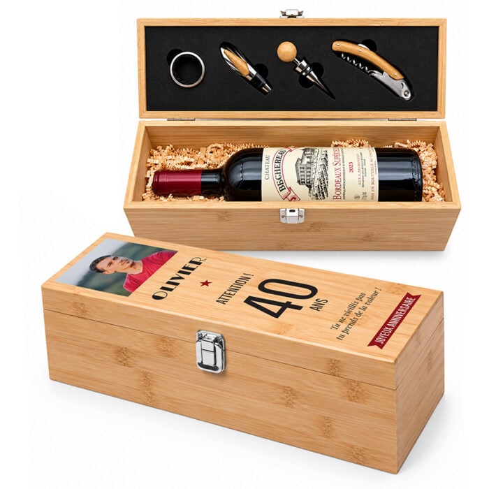 Coffret à vin personnalisé avec accessoires – Joyeux anniversaire avec photo