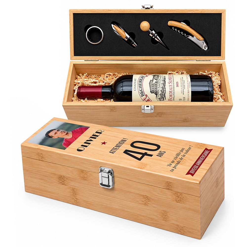 Coffret à vin personnalisé avec accessoires – Joyeux anniversaire avec photo – Image 2