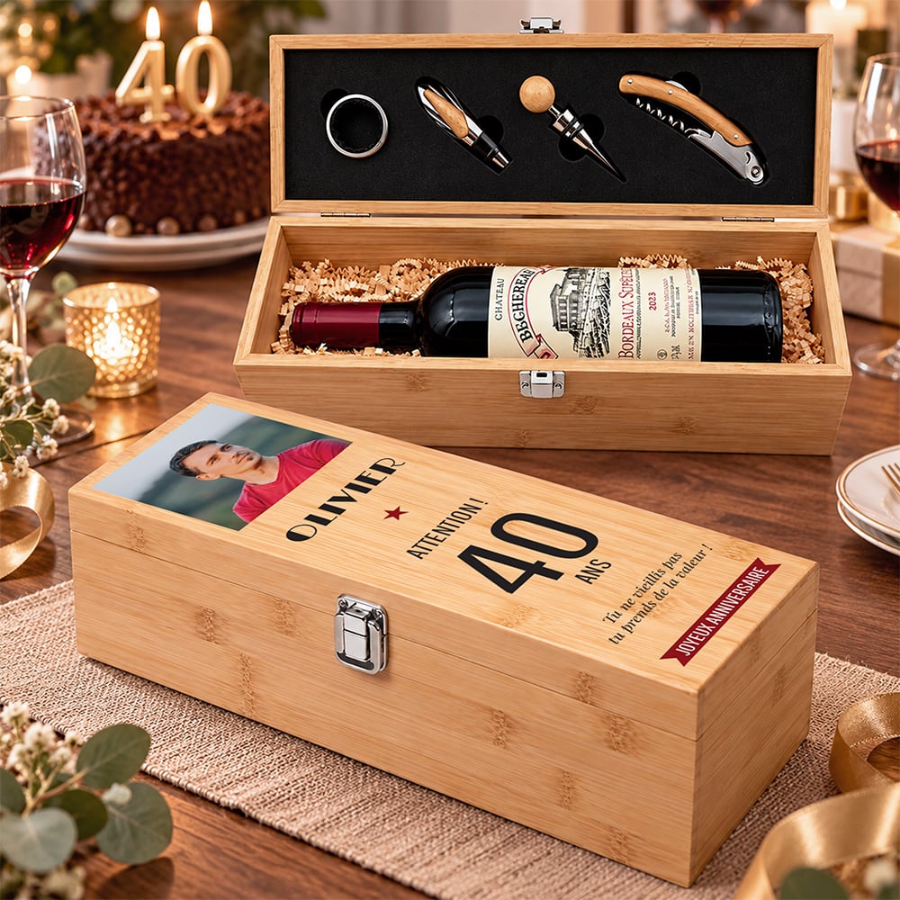 Coffret à vin personnalisé avec accessoires – Joyeux anniversaire avec photo