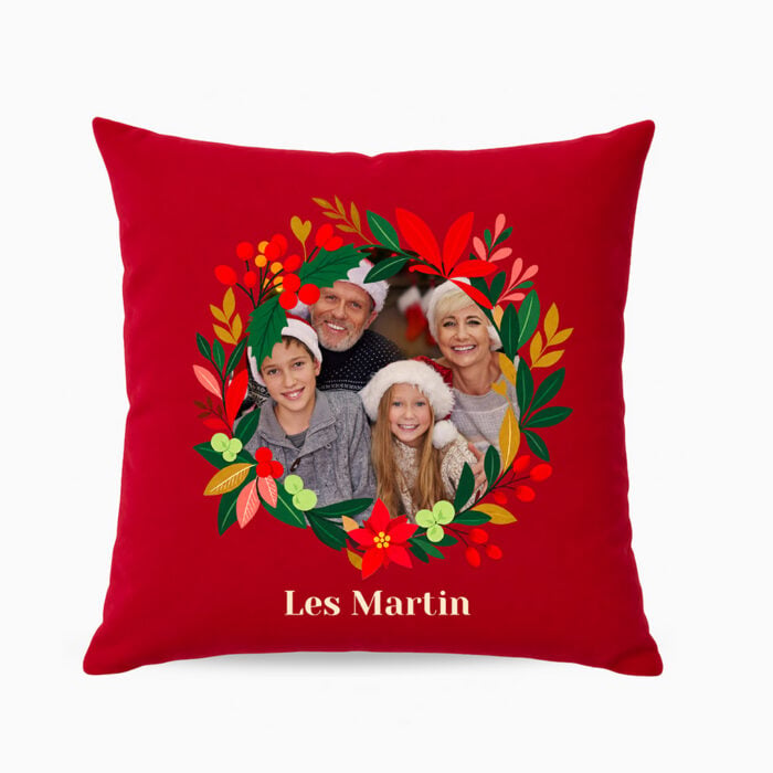 Coussin rouge - Couronne de Noël avec photo
