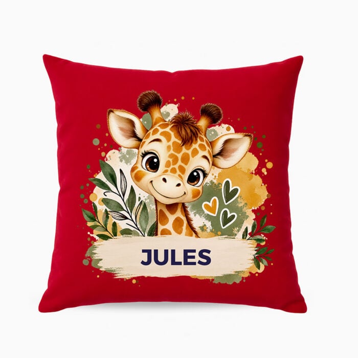 Coussin rouge - Petite girafe
