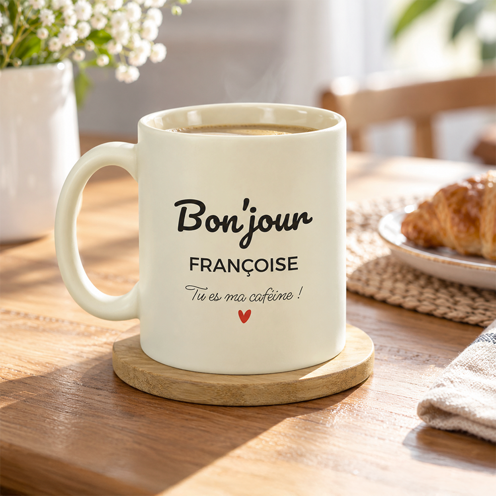 Mug beige mat personnalisé – Bonjour !