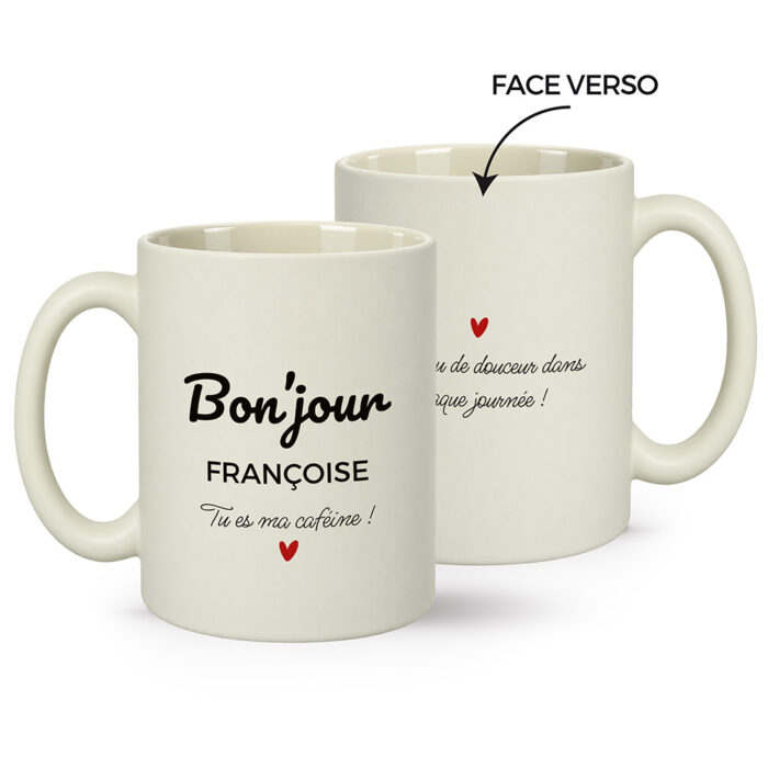 Mug beige mat personnalisé – Bonjour !