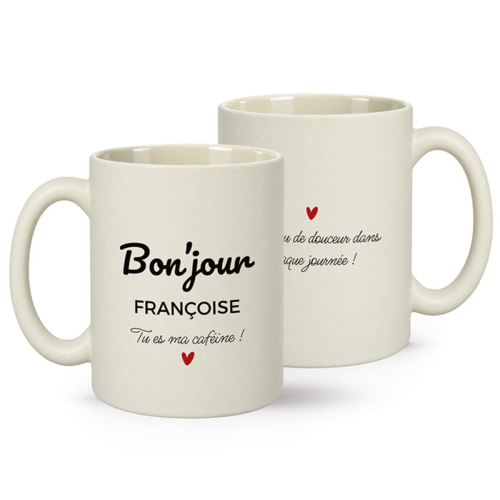 Mug beige mat personnalisé – Bonjour !