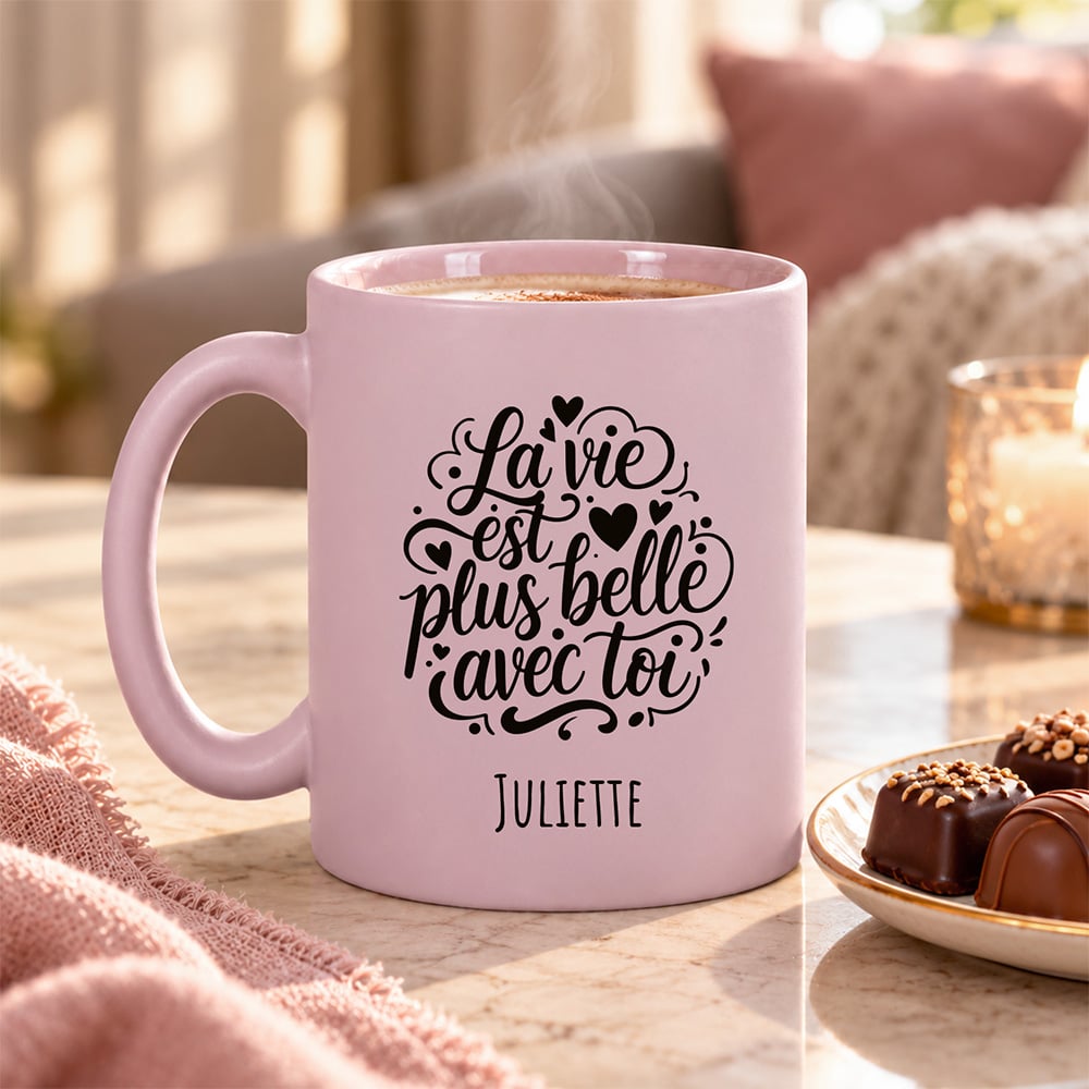 Mug lilas mat personnalisé – La vie est plus belle avec toi